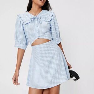 NWT Nasty Gal Check Cut Out Puff Sleeve Mini Dress Baby Blue US Size 6